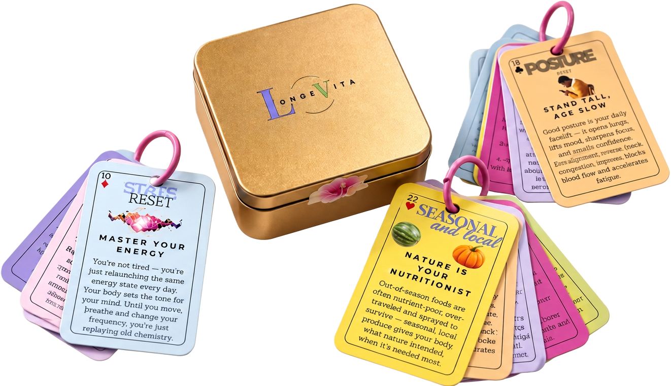 LONGEVITA habit cards with the gold metal tin — real product photo