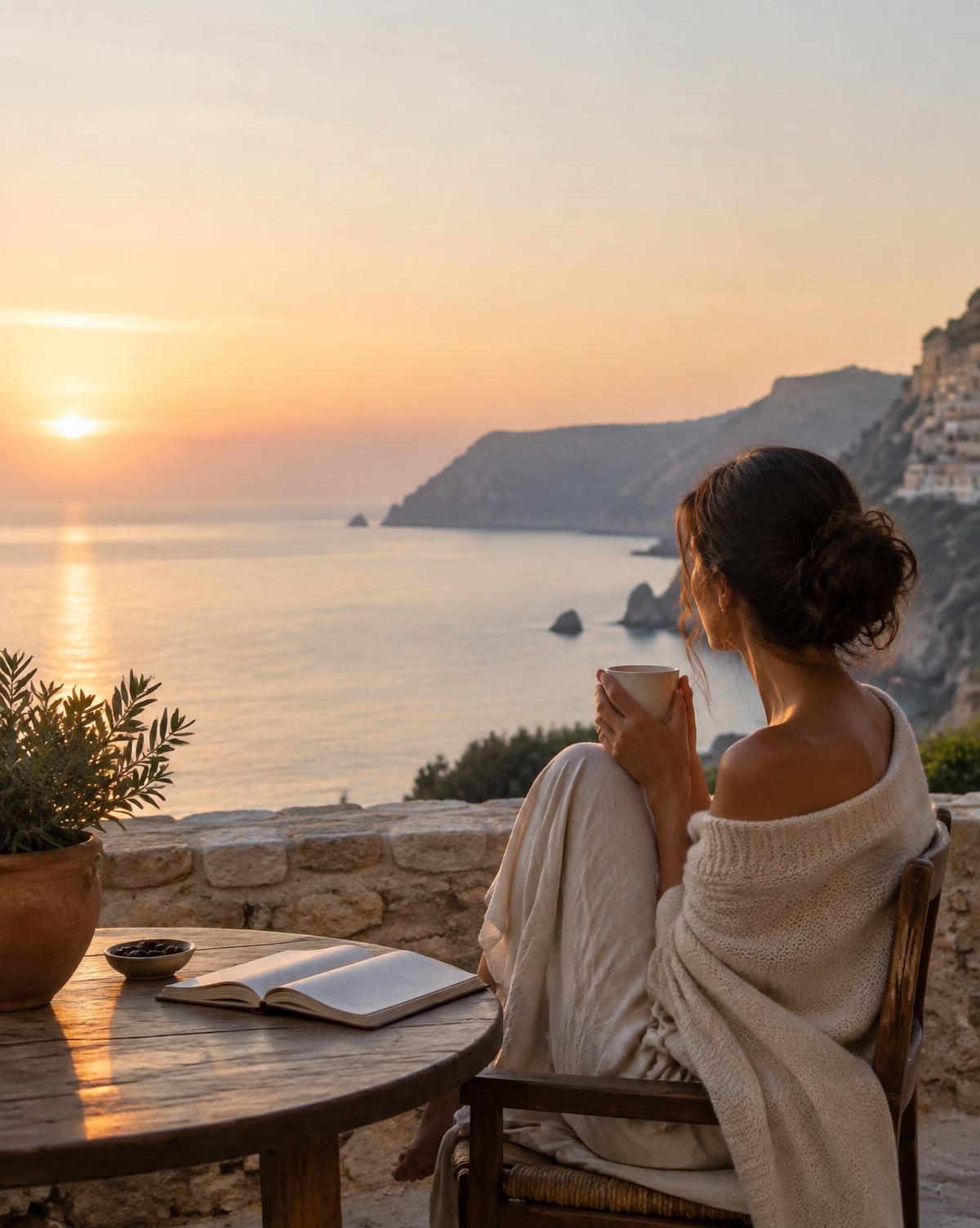 A woman alone on a quiet terrace at dawn with a cup of coffee and an open journal, looking at the sea